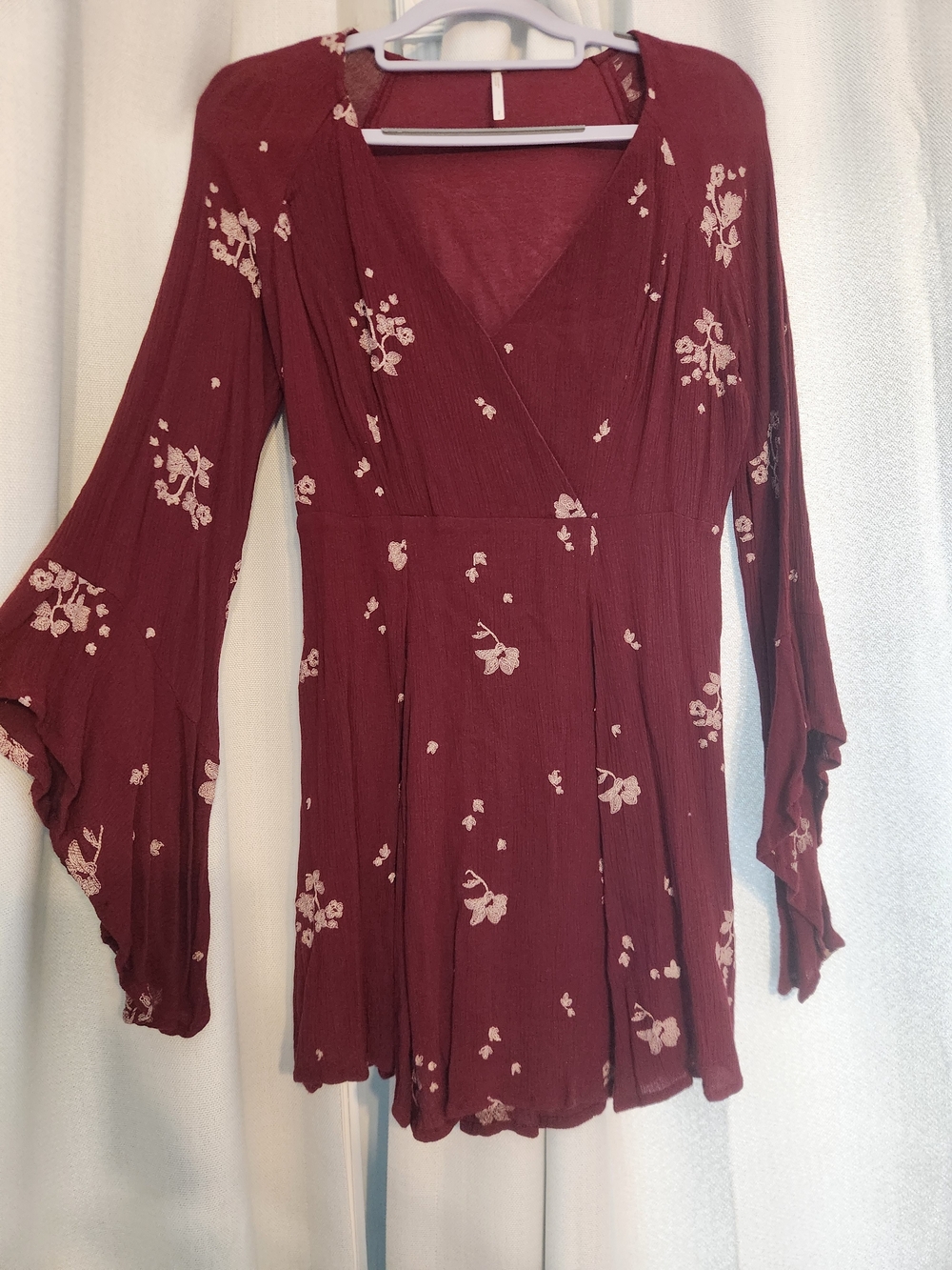 Free People Women's Jasmine Embroidered Burgundy Bell Sleeve Tunic Dress, Size 2